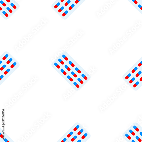 Seamless pattern of medicine blister packs with red and blue capsules isolated on transparent background