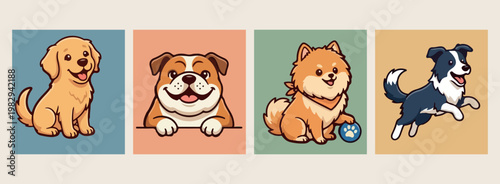 dog breeds bulldog and pomeranian illustrations, hand drawn doodle pet animal art, aesthetic cute puppy character design, minimalist flat vector domestic pets, modern playful dog mascot art, creative 