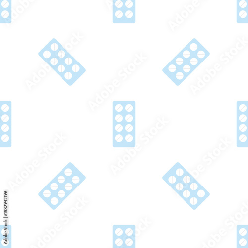 A repeating pattern of light blue medicine pill packs isolated on a transparent background for healthcare or pharmaceutical themes