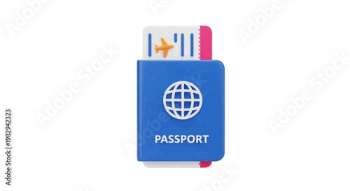 Vector illustration of 3d icon of a blue passport with an airplane boarding pass on a transparent background