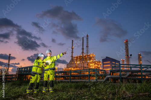 Two petroleum engineers discussing project and pointing direction with clipboard and radio communication at oil refinery site during sunset teamwork planning and industrial energy infrastructure.