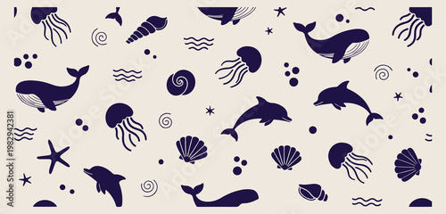 marine life sea creatures seamless pattern, hand drawn doodle ocean background, minimalist jellyfish and shell wallpaper, aesthetic blue aquatic textile design, creative underwater nature art, modern 