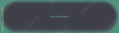 Panoramic abstract background in ultra wide 32:9 aspect ratio with mint green scaly halftone grid and elliptical frame. Futuristic ultrawide design for UI, cyberpunk visuals and widescreen layouts