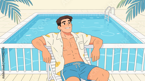 Man relaxing on chair by swimming pool summer lifestyle illustration