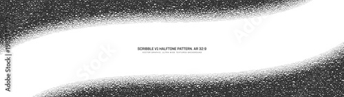 Panoramic abstract background in ultra wide 32:9 aspect ratio with black and white scribble halftone and curved diagonal frame. Grungy ultrawide texture for banners, UI, posters and widescreen layouts