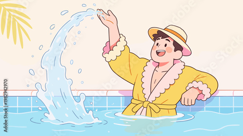 Happy man splashing water in pool summer fun vacation illustration