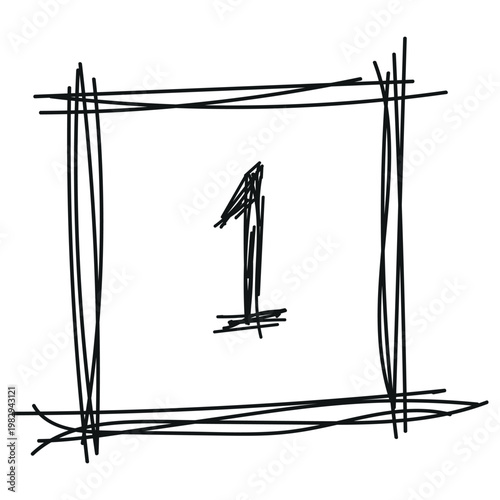Hand drawn black scribble number one enclosed in a textured rectangular frame on a clean white background