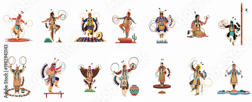 Foto Set of flat vector illustrations featuring Native American hoop dancers in traditional regalia performing ceremonial dances on a white background