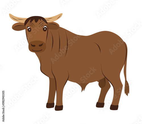 Cartoon bull isolated on white background. Cute farm animal illustration for kids designs, agriculture themes and children concepts.