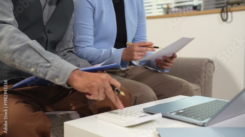 Businessman, administrator, financial audit and secretary making reports, calculating balance. Income audit service within audit concept.