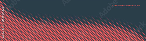 Panoramic abstract background in ultra wide 32:9 aspect ratio with red and black zigzag squares halftone grid and curved border. Dynamic ultrawide design for UI cyberpunk visuals and widescreen layout