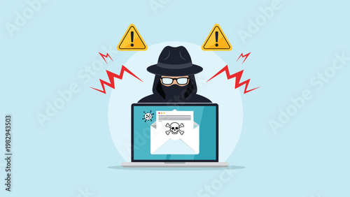 Hacker in a black hoodie hiding behind a laptop screen displaying a malicious phishing email with skull and crossbones.