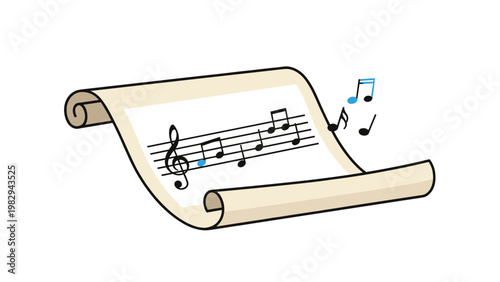 Antique paper scroll with musical notes and symbols floating in the air depicting a classical music composition concept.