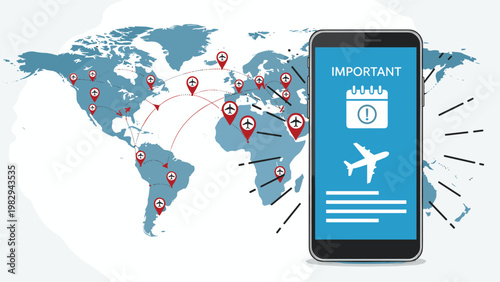Smartphone screen displaying travel itinerary with airplane and calendar icons over a world map with many flight paths.