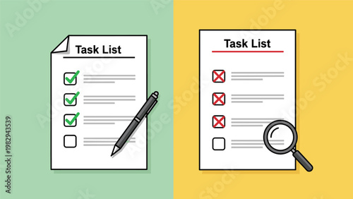 Two task lists showing different results with green check marks on one side and red cross marks under magnifying glass.