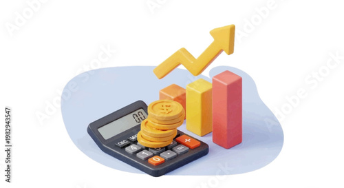 Vector illustration of 3d illustration of a calculator with a stack of gold coins and a rising graph on a transparent background
