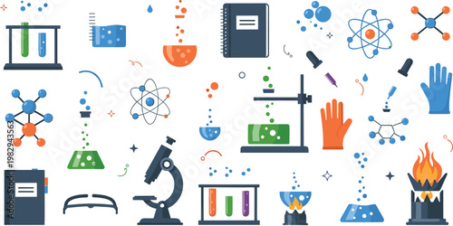 Science laboratory elements with chemistry experiments microscopes molecules and equipment isolated on transparent background educational vector illustration set