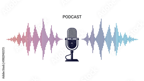Professional microphone centered between colorful sound wave levels for a podcast, radio, or audio recording concept.