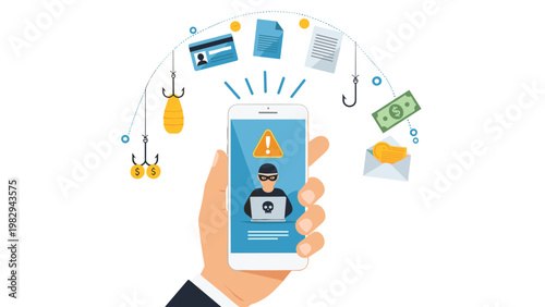Hand holding smartphone with security warning alert on screen while hackers fish for documents, credit cards, and money.