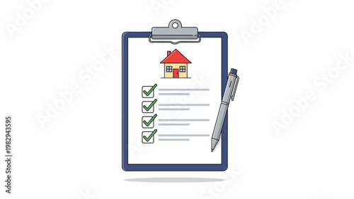 Clipboard with house icon and several green check marks next to a pen for home inspection or rental agreement process.