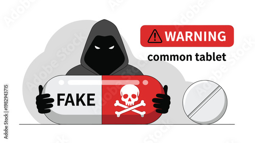Fake medicine and dangerous pharmaceutical tablets warning concept with anonymous hacker holding counterfeit pill and skull sign.