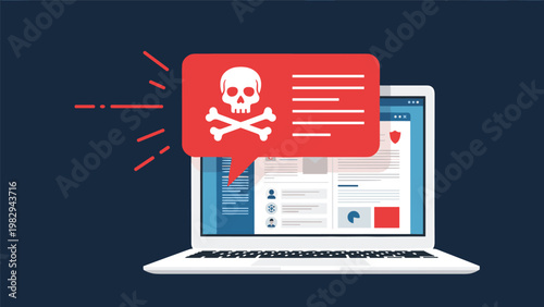 Critical cyber security warning and ransomware attack alert on laptop screen with red skull and crossbones speech bubble on dark.