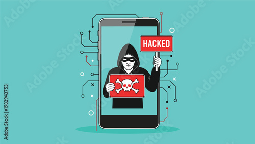 Mobile cyber security breach and malicious hacking threat on smartphone screen with hooded hacker holding hacked and skull signs.