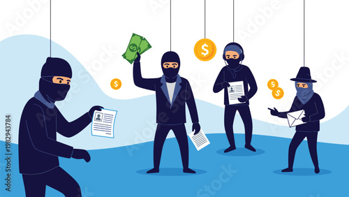 Group of cyber criminals in black masks stealing sensitive documents, money, and personal data from digital platforms.