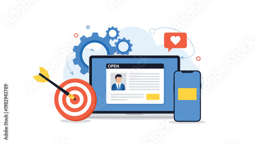 Job opening announcement displayed on laptop screen with target and arrow symbol plus heart like notification icon.