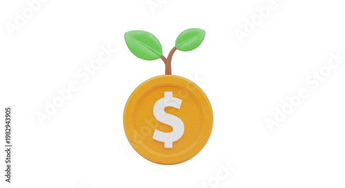 Vector illustration of 3d render of a gold coin with a small green plant growing out of it on a transparent background