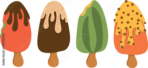 Ice cream popsicle set colorful summer dessert collection flat illustration. Chocolate glaze, sprinkles, fruity and nut-covered variations.