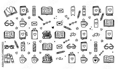 Romantic book lover doodle set with hearts and reading elements black line Valentine vector illustration