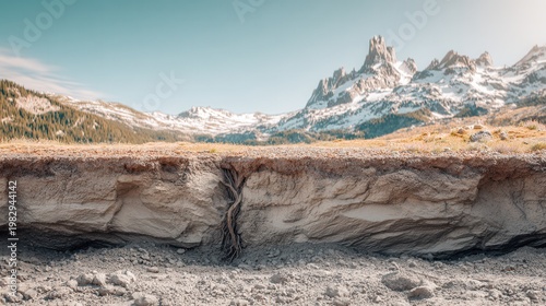 Geological cross section showing underground roots, soil layers, and a distant snowy mountain landscape