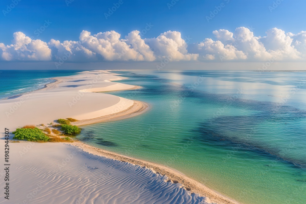 Fototapeta premium White sand dunes contrasting with turquoise lagoons under a blue sky in brazil