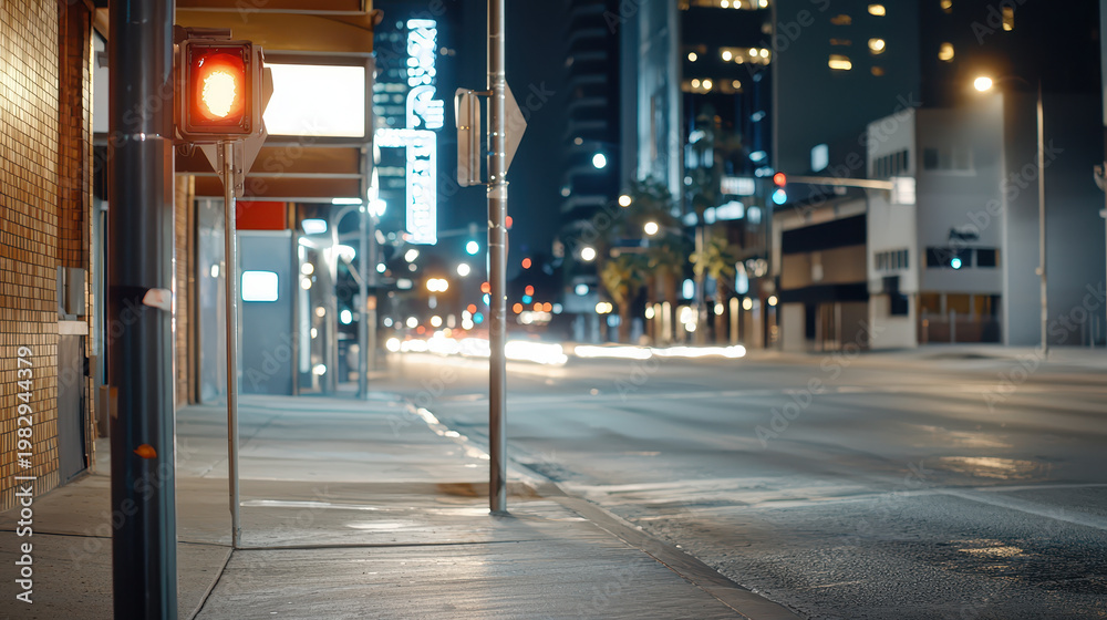 Fototapeta premium Nighttime city street with red traffic light, illuminated buildings, and blurred car lights creating vibrant urban atmosphere