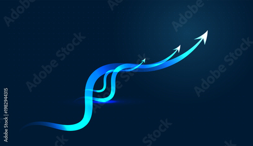 A definitive business and economic Grow-th phase, with all arrows heading forward in unison. High-tech Digital charts use glowing arrows to track economic indicators and business