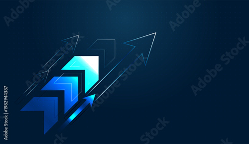 Digital asset features layered arrows pointing up, symbolizing the rapid economic Grow-th of a tech-focused business. and Digital blue arrows showcase a clear trajectory for business