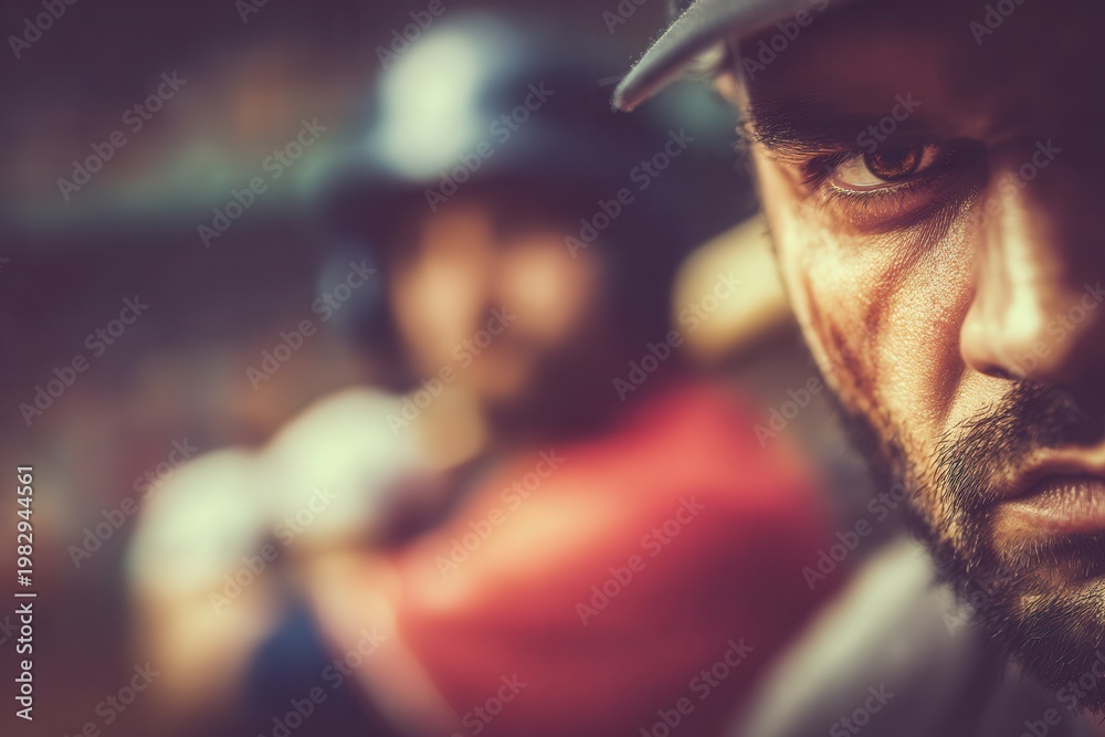 Naklejka premium Baseball player intensely looking during a game, focusing on competition and strategy