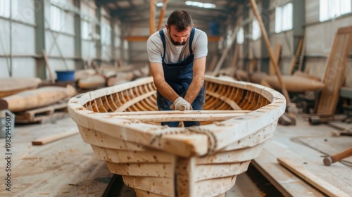 Close up of a bearded craftsman in overalls wearing gloves carefully shaping the wooden hull and ribs of a vintage boat in a detailed woodworking workshop
