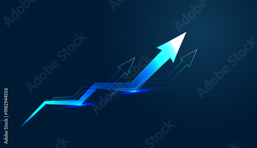 Set of Digital blue arrows surge horizontally across a grid, illustrating high-speed economic progress. and with Multiple arrows work together, showcasing a decisive economic