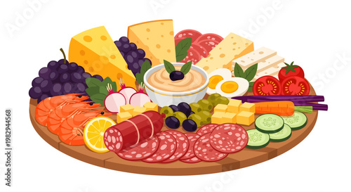 An overflowing wooden platter presents a vibrant feast of sliced savory meats, rich cheeses, plump shrimp, fresh dark grapes, crisp vegetables, and boiled eggs arranged gorgeously around a creamy dip