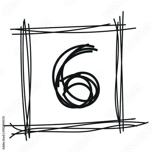 Messy hand drawn number six doodle enclosed within a scribble style rectangular frame vector illustration