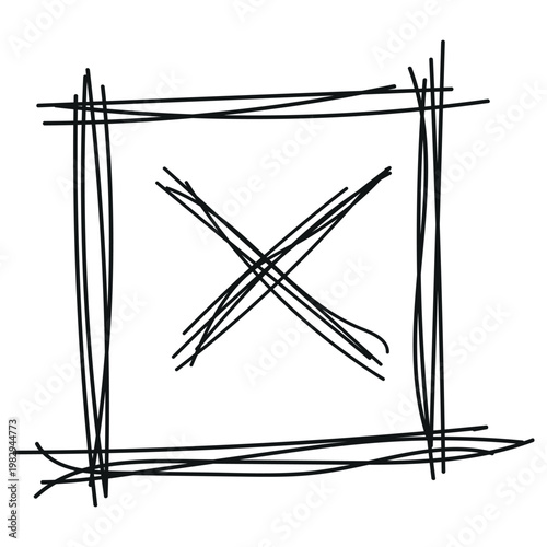 Rough hand drawn sketchy square frame with a crossed out X mark inside representing error or deletion