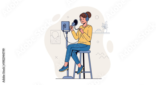 Woman recording podcast with microphone and headphones in studio, flat illustration