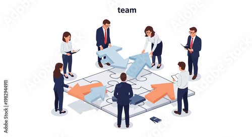 Teamwork and collaboration: business people assembling puzzle pieces and arrows