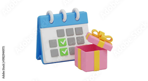 Vector illustration of 3d calendar with marked dates and an open gift box on a transparent background
