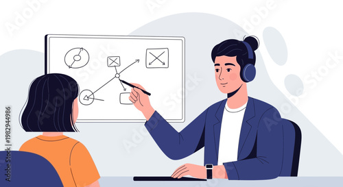 Teamwork and strategy: people discussing a flowchart on a whiteboard in a modern office