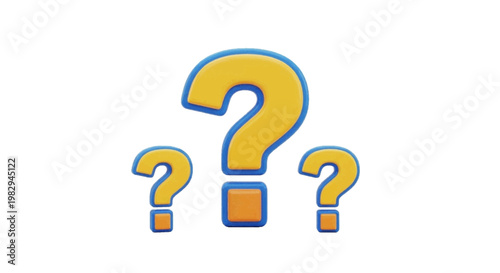 Vector illustration of three yellow question marks with blue outlines on a transparent background