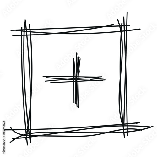Roughly sketched black cross symbol and an uneven rectangular frame on a simple white background