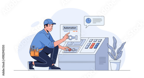 Technician working on automation control panel, industrial technology concept